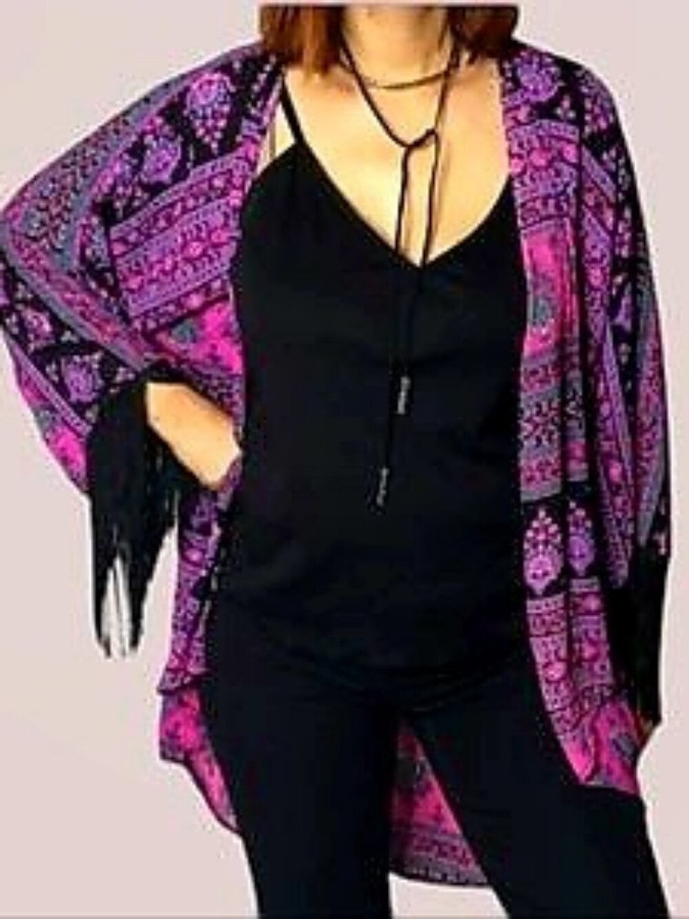Romeo & Juliet Couture Magenta & Black Kaleidascope Kimono, Black Fringe - Large
